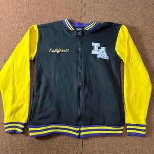 Quad Seven Boys LA California Varsity Bomber Jacket Black Yellow‎ Size 16/18 XL